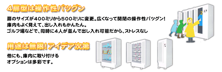 業務用ロッカータイプ乾燥機レインメイトⅡ 4扉型は操作性バツグン、扉のサイズが400ミリから500ミリに変更。広くなって開閉の操作性バツグン！庫内もよく見えて、出し入れもかんたん。ゴルフ場などで、同時に4人が並んで出し入れ可能だから、ストレスなし。用途は無限！アイデア次第